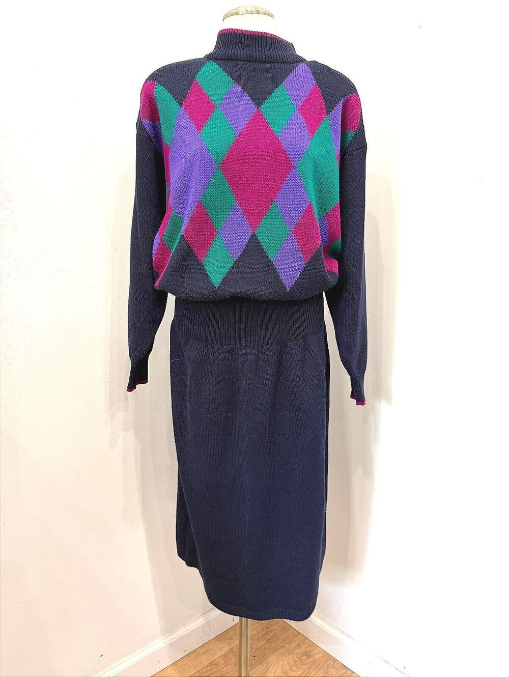 80s Sweater Dress Vintage Long Sleeve Argyle Pattern Dress Large